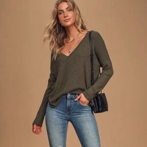 Just Vibing Olive Green Ribbed V-Neck Sweater Top - size S
